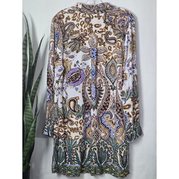 CHICO'S Paisley Patch Shirt Tunic Size 2 (L) Boho Long Sleeve Button Front Top - Picture 7 of 8